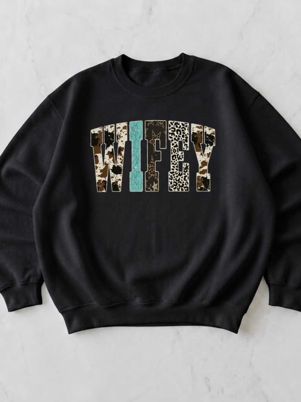 Wifey Western Cowhide Turquoise Leopard Graphic Crewneck Sweatshirt Gift For Her